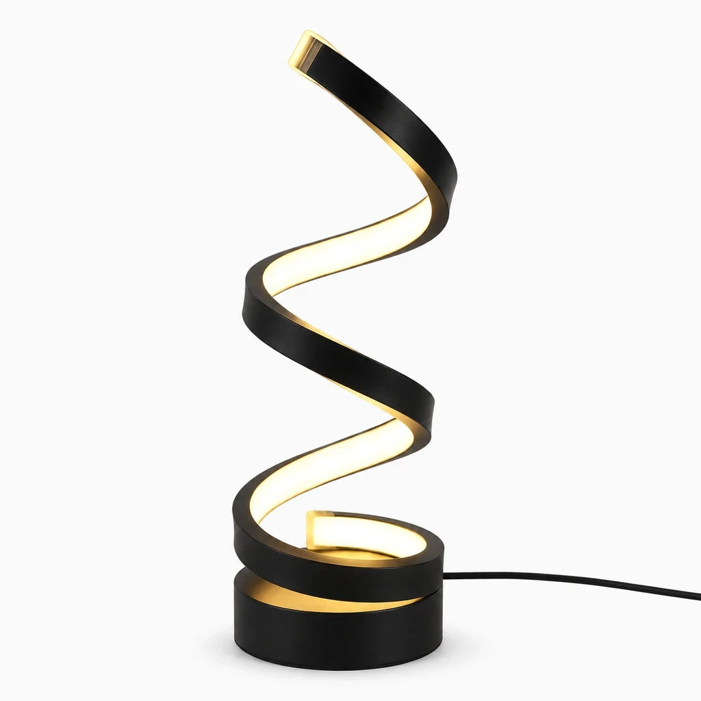 Lampe de table design en spirale, tracé fluide capturant la lumière