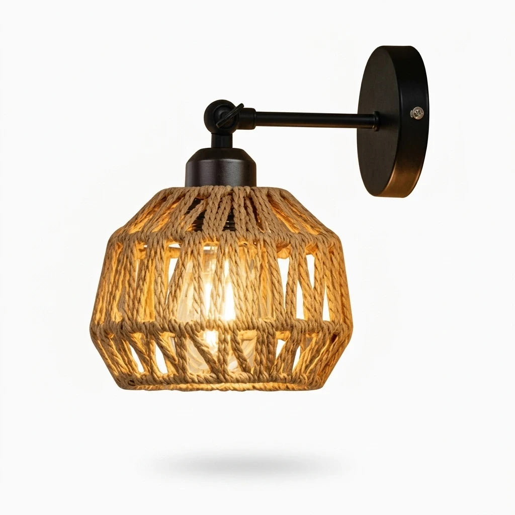 Applique en bambou au design épuré avec cordon en chanvre, culot E27 inclus
