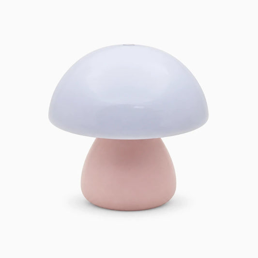 Champignon veilleuse rose avec socle compact sur table de chevet, contrôle tactile rechargeable