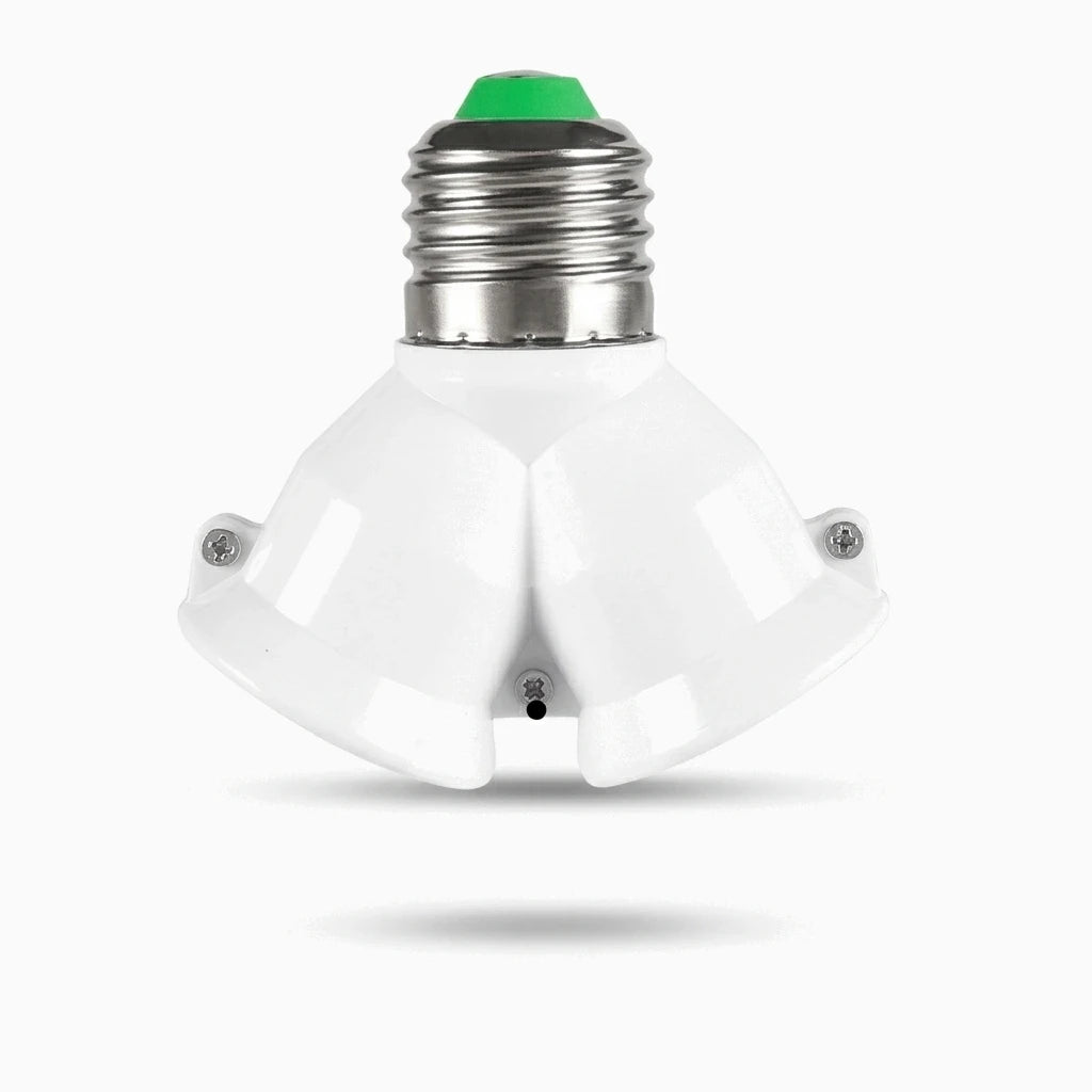 Douille pour luminaire E27 avec deux bras articulés, convertissant un culot simple en deux points lumineux