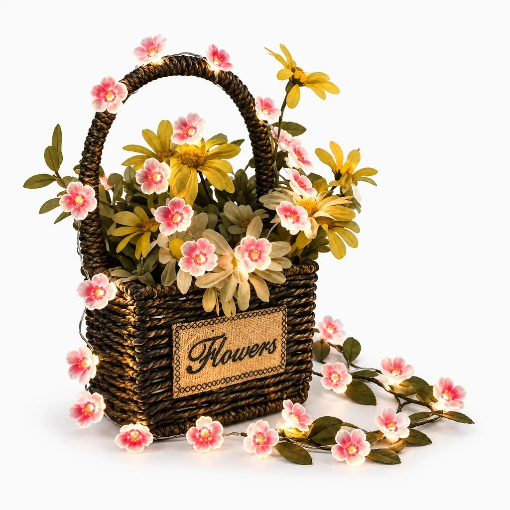 Détail des fleurs roses et pétales lumineux de la guirlande fleurs lumineuse