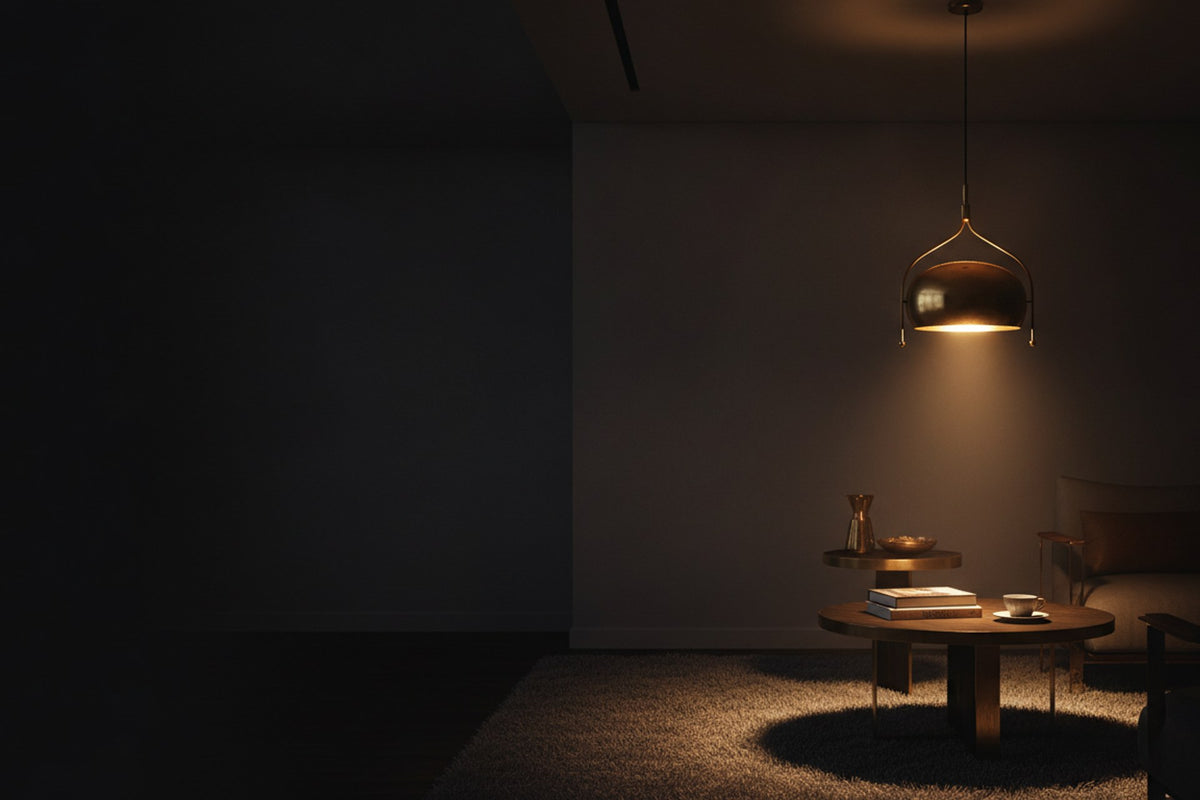 Suspension dôme dorée allumée au-dessus d'une table basse ronde, dans un salon sombre.