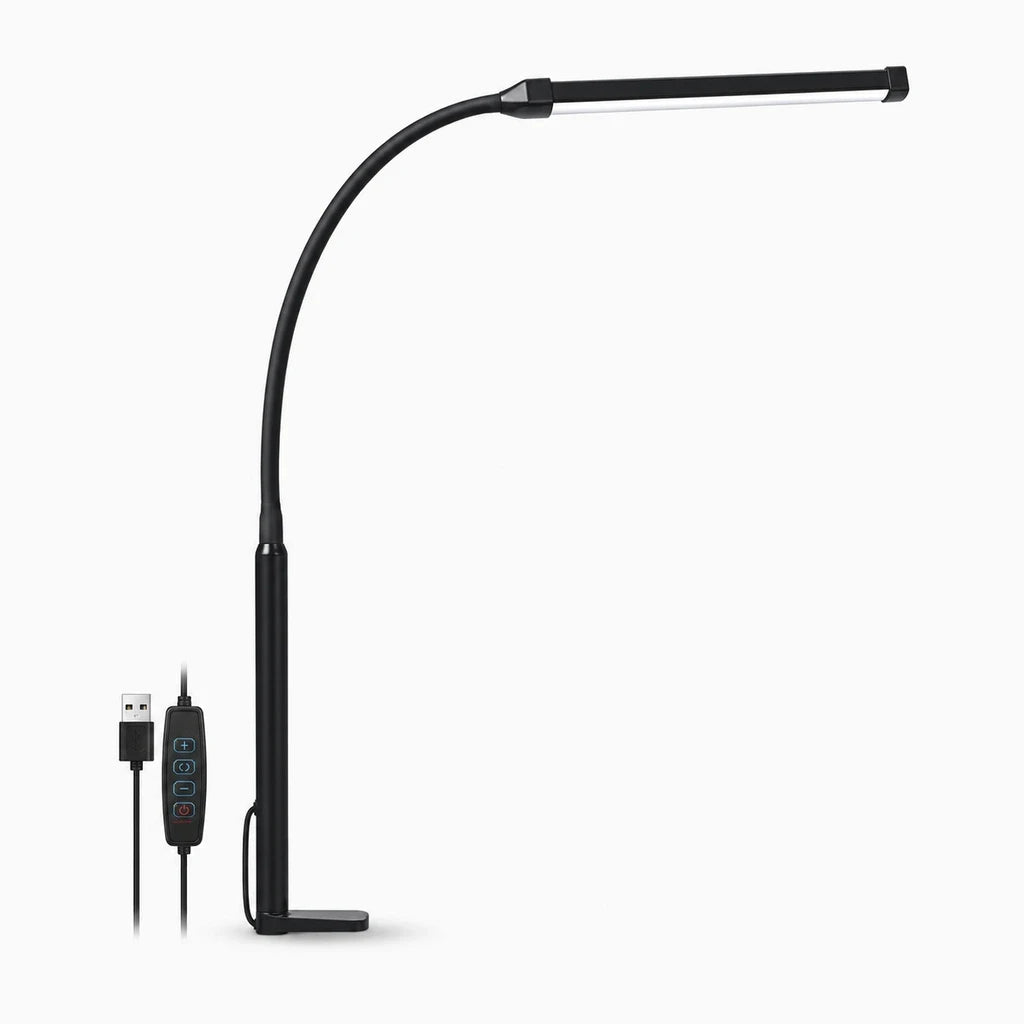 Lampe architecte avec double tête articulée noire et clip de fixation sur bureau