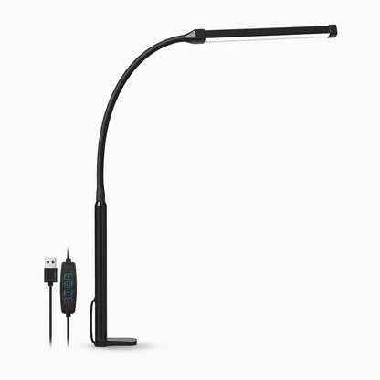 Lampe architecte avec double tête articulée noire et clip de fixation sur bureau