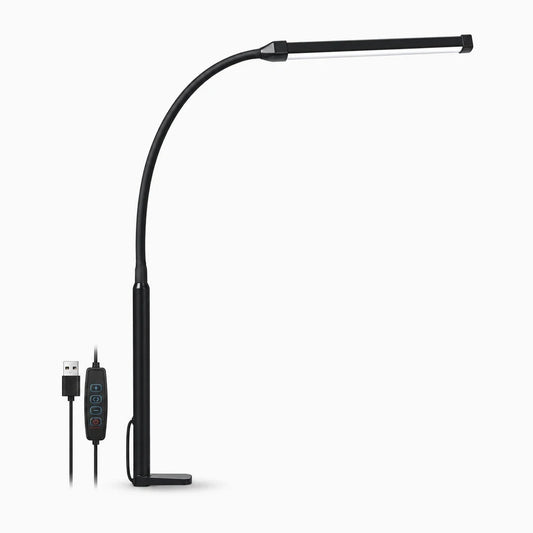 Lampe architecte avec double tête articulée noire et clip de fixation sur bureau