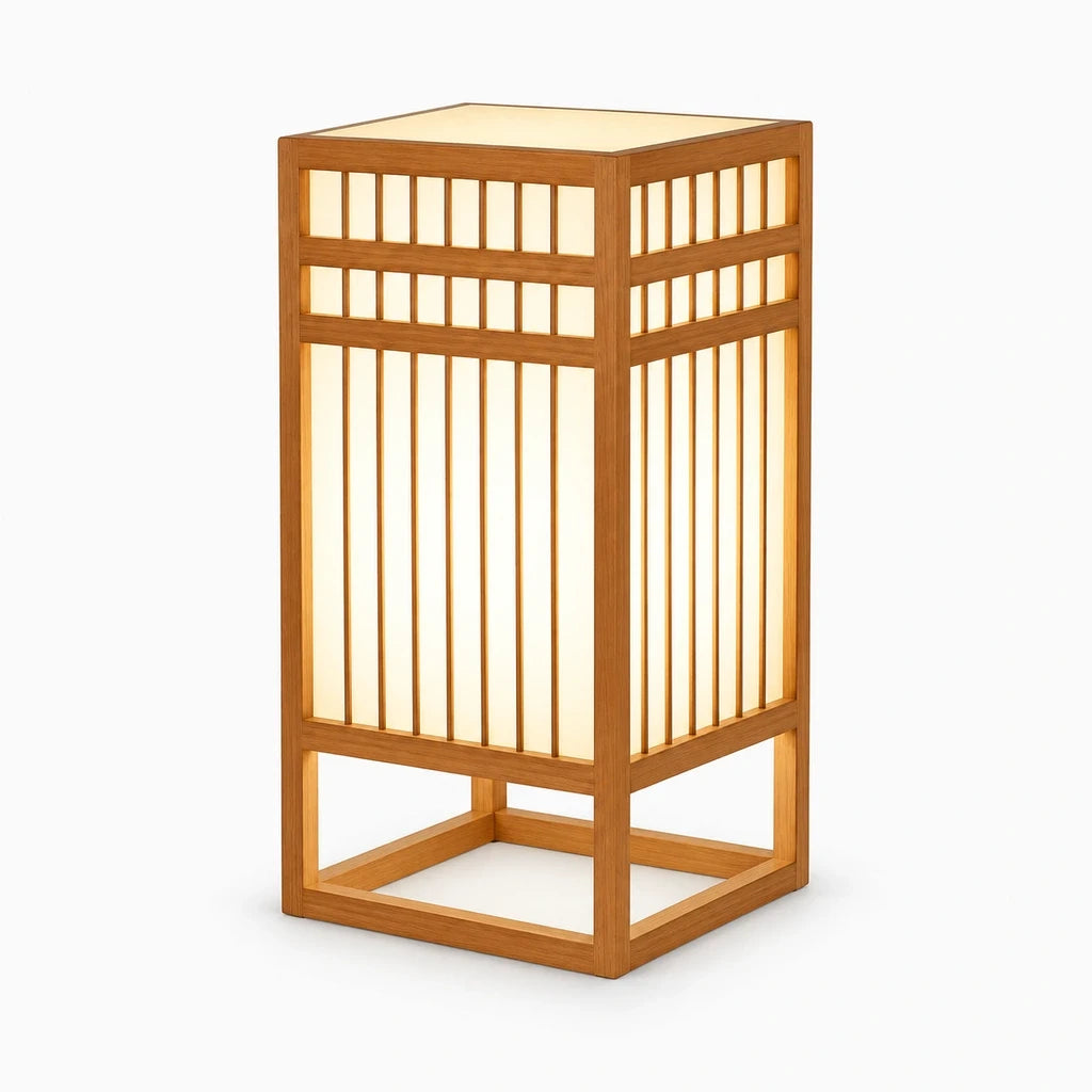 Lampe en bambou compacte posée sur table de chevet, éclairage ponctuel et chaleureux