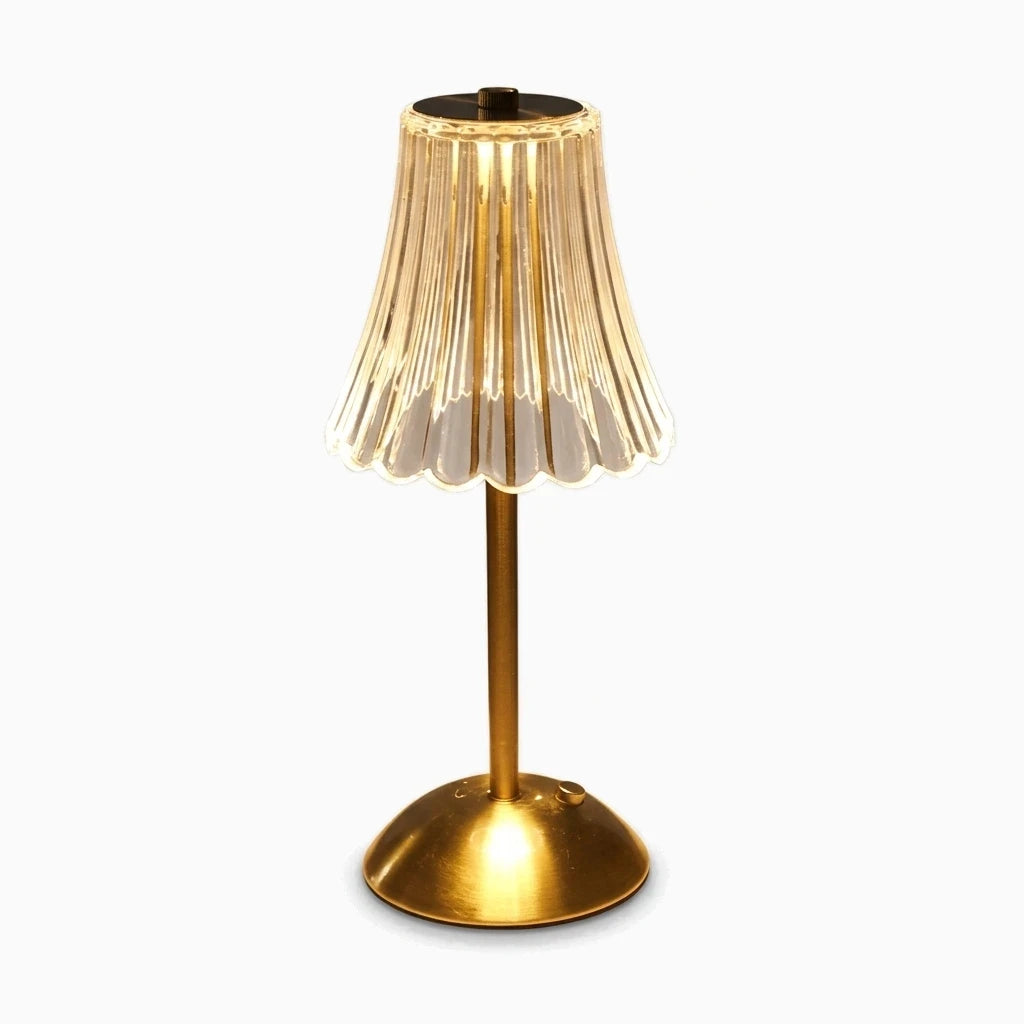 Lampe de bureau vintage avec base facettée cristal et finition dorée, éclairage USB rechargeable