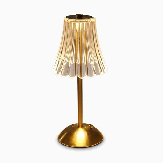 Lampe de bureau vintage avec base facettée cristal et finition dorée, éclairage USB rechargeable