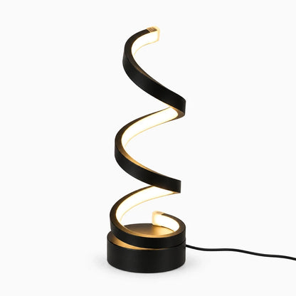 Lampe de table design à silhouette spirale en noir profond sur guéridon