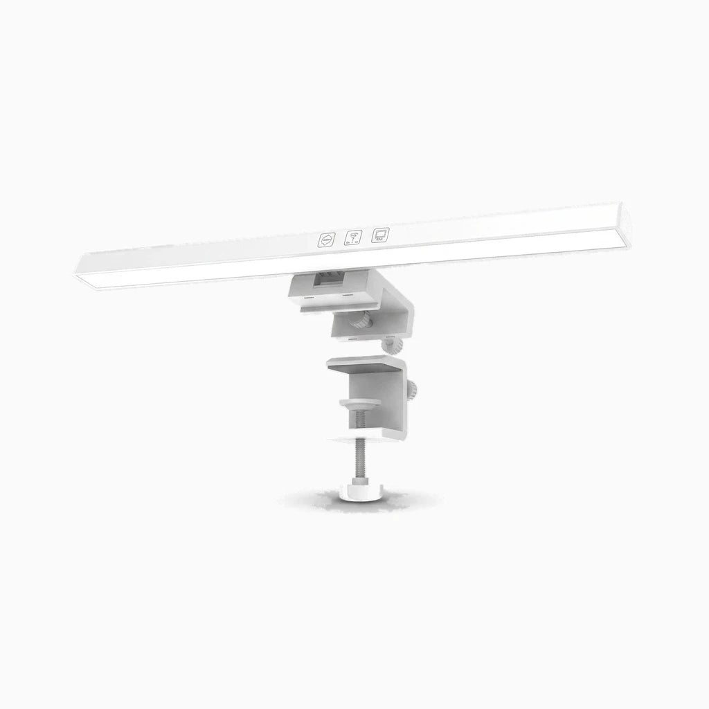 Lampe écran pc blanc montée sur le dessus d'un moniteur, diffusant une lumière blanche uniforme sur le bureau