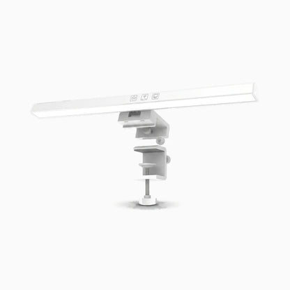 Lampe écran pc blanc montée sur le dessus d'un moniteur, diffusant une lumière blanche uniforme sur le bureau