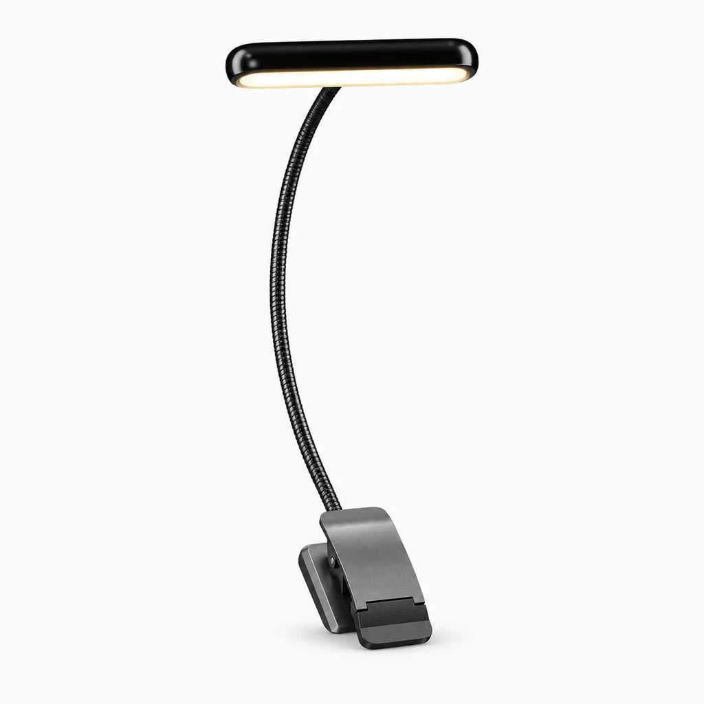 Lampe de lecture avec pince flexible clipsée sur couverture de livre, diode LED blanche orientable