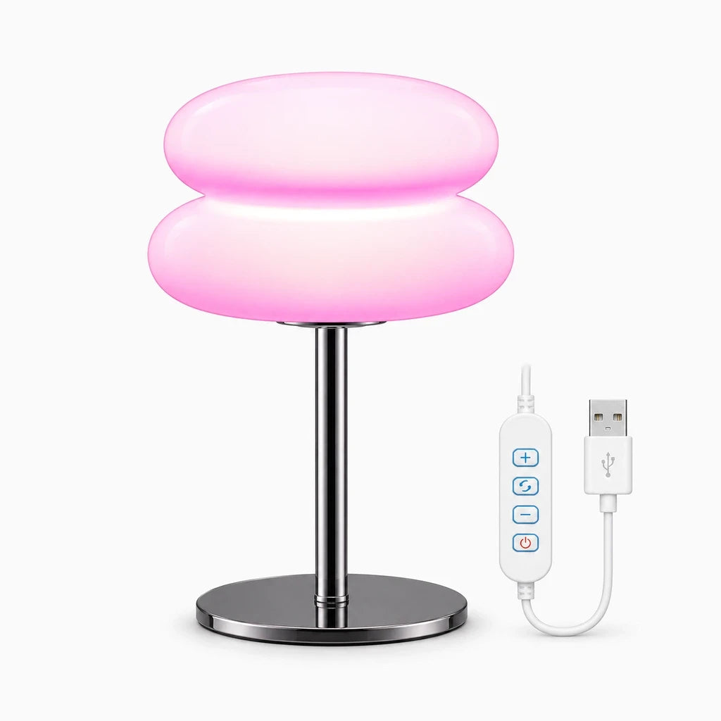Lampe tableau forme champignon avec diffuseur LED blanc sur table basse