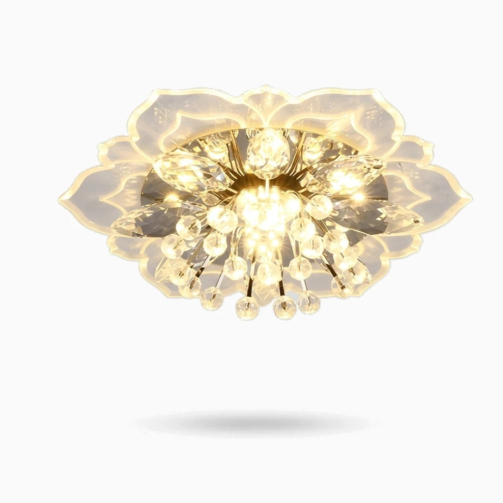 Plafonnier fleur en cristal avec pétales lumineux diffusant une lumière LED chaude