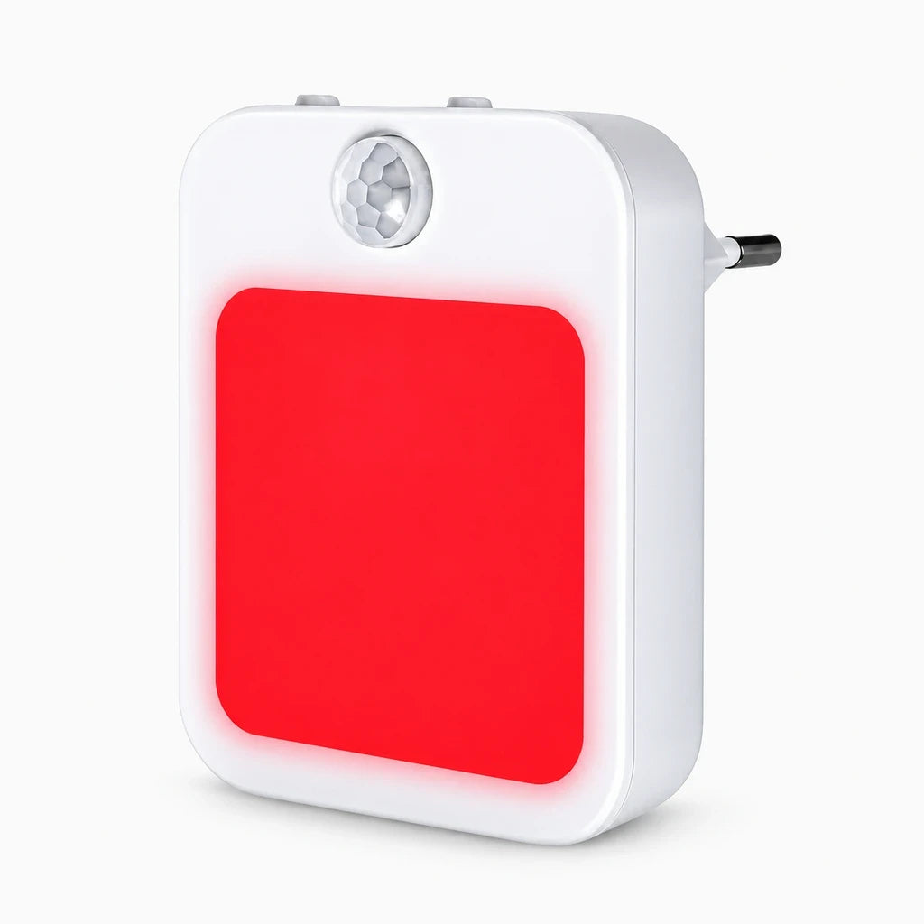 Veilleuse automatique compacte avec lumière rouge douce, branchée sur prise murale