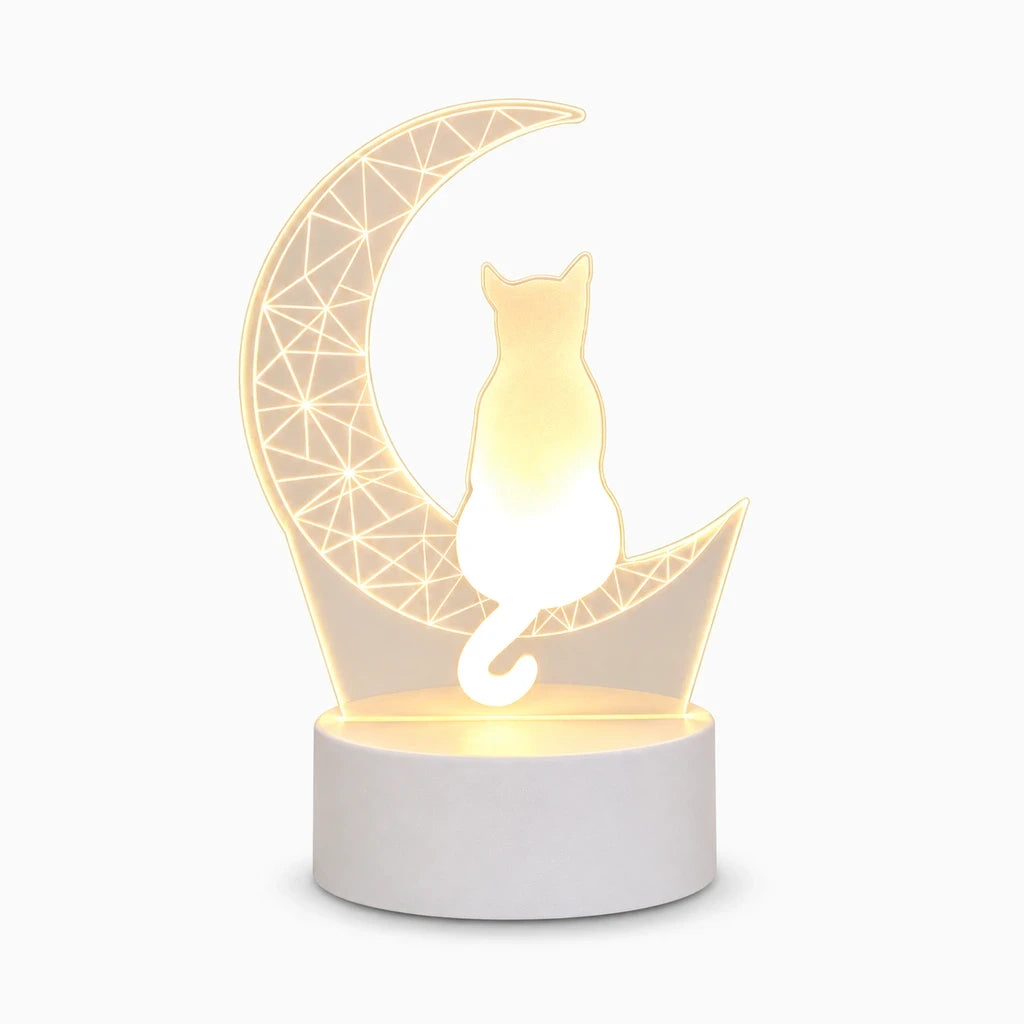 Veilleuse chat 3D blanc avec silhouette en relief projetant des ombres douces sur mur