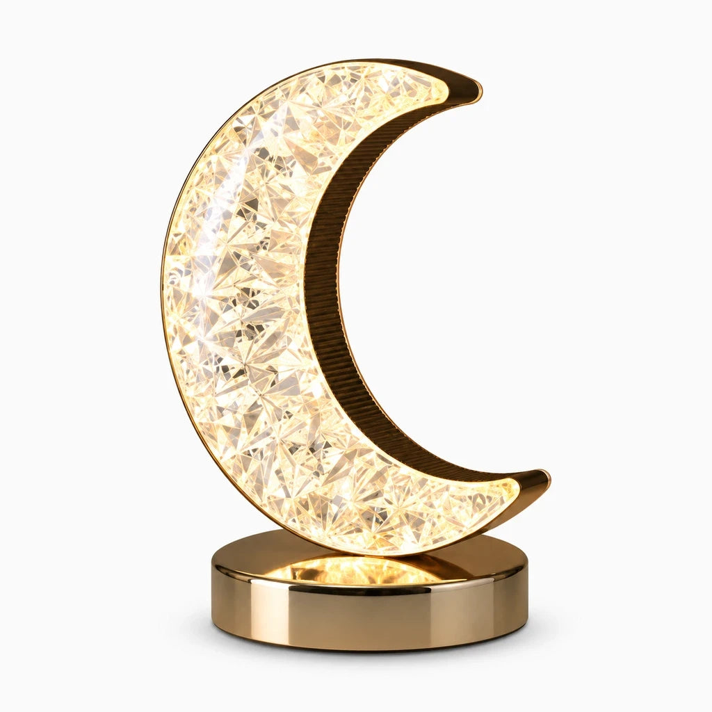 Veilleuse lune posée sur table de nuit, éclairage d'ambiance doux réglable par effleurement